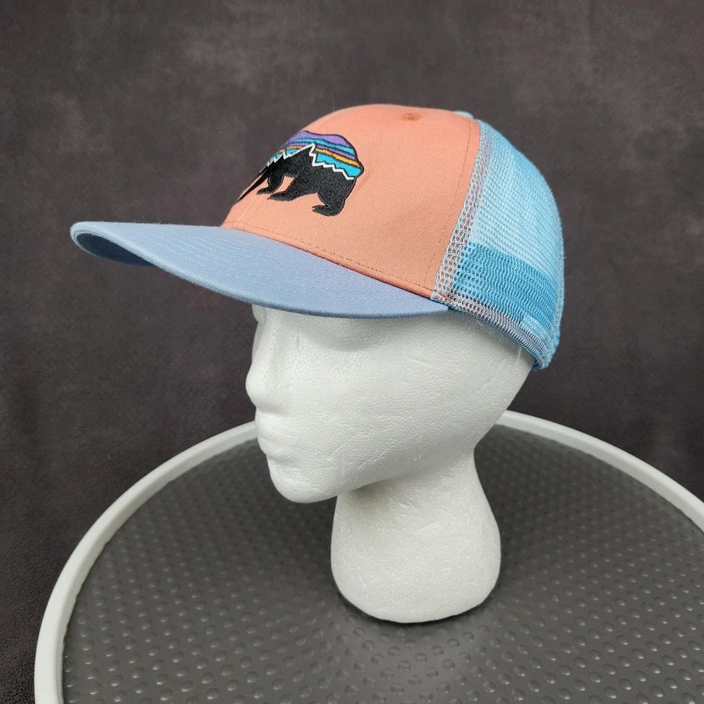 Patagonia Fitz Roy Bear Trucker Hat Cap Snap Back Blue Orange Mesh Kids One Size